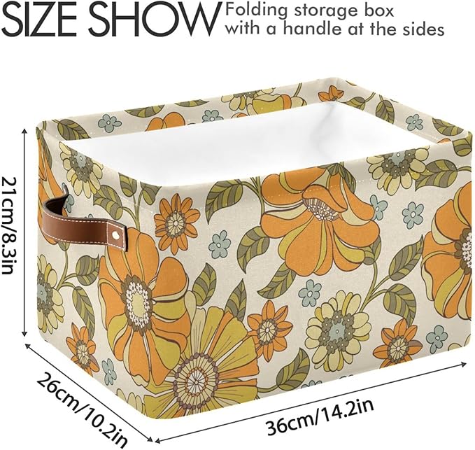 Aslsiy Storage Basket Vintage 70s Style Flowers Nursery Bins Baby Box Canvas Clothes Shelf Basket Laundry Hamper Gift Baskets for Home Closet 1 Pcs
