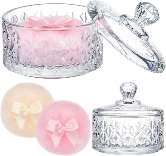 Tioncy 3 Pcs Large Body Powder Puff and Container Valentine's Day gift Powder Container with Puff Crystal Case Soft Washable Reusable Velour Face Body Glitter Wet Dry Makeup(Diamond,Clear)