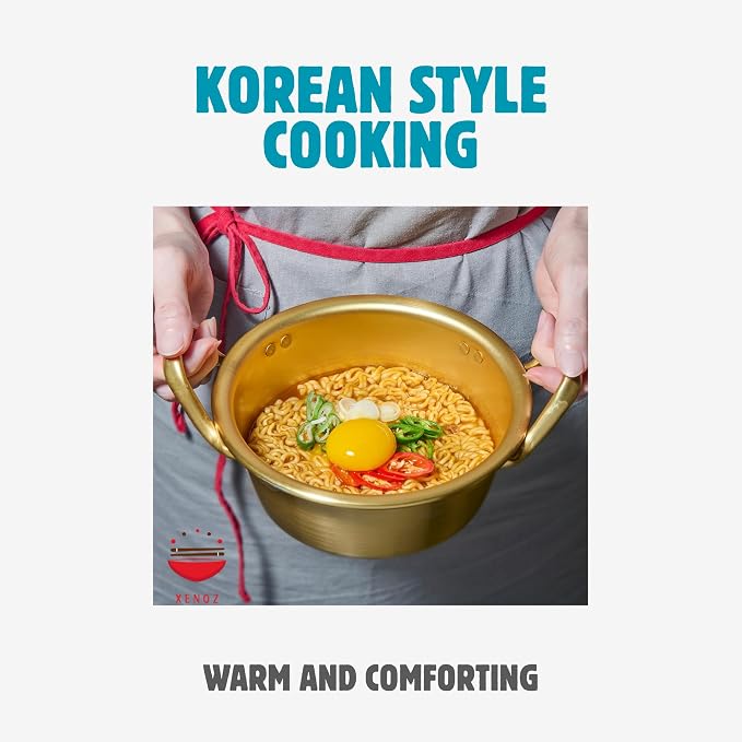 xenoz Korean Ramen Noodle Pot Set, 2 Bowls, 2 Spoons & Chopsticks | Made in Korea aluminum cookware set designed for sharing ramen, noodles and soup.
