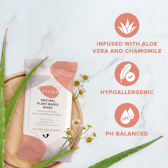 Veeda Plant-Based Feminine Wipes – pH-Balanced, Hypoallergenic & Biodegradable Wipes for Sensitive Skin, Fragrance-Free Travel Sized Wipes – 120 Count