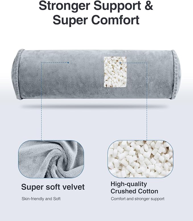 Luxtude Inflatable Neck Roll Pillow for Sleeping, Travel Cervical Pillow for Neck Pain Relief, Cylinder Support Pillows Round Bolster Pillows for Bed, Lumbar Roll, Legs, Back and Yoga (Grey-4.7in)