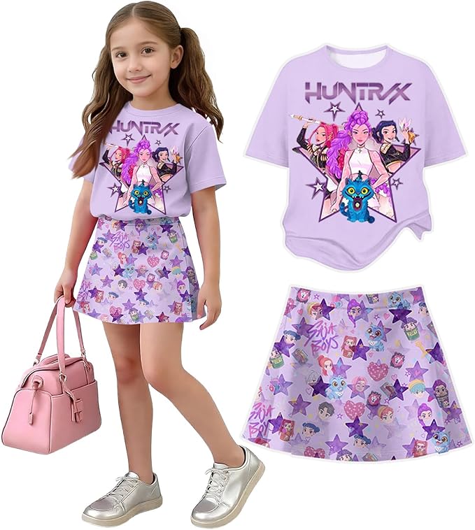 HTHLVMD K Pop Short Sleeve T-Shirt and Skirts Outfits Set for Girls Hunters Rumi Mira Zoey Graphic Tees De-Mon Costume