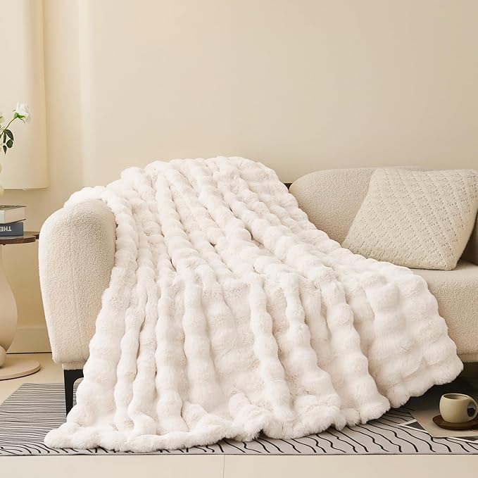 Comelady Soft Fluffy Faux Fur Throw Blanket 60"x80", Bubble Plush Texture | Cream White Thick Fuzzy Blanket, No-Shedding, Aesthetic & Cozy for Couch Bed Room Decor, Warm Gift for Women Girls