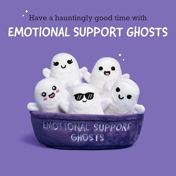 Emotional Support Ghosts by Relatable, Cuddly Plush Collectibles and Cute Stuffed Animals, Spooky Halloween Ghost Plushies and Fun Trick or Treat Toys, Includes 5 Plushies with Carrying Basket