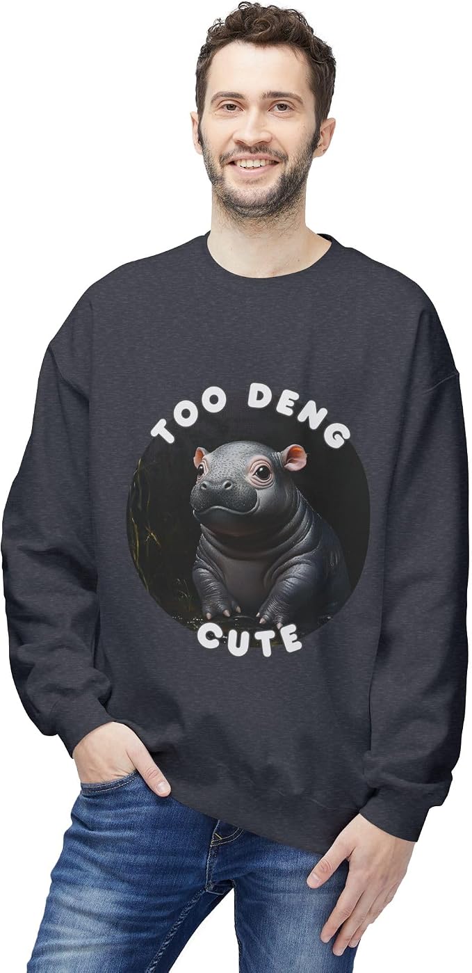 Unisex Fleece Crewneck Sweatshirt - Too Deng Cute Moo Deng Hippo, Cozy Cotton Blend, Classic Relaxed Fit