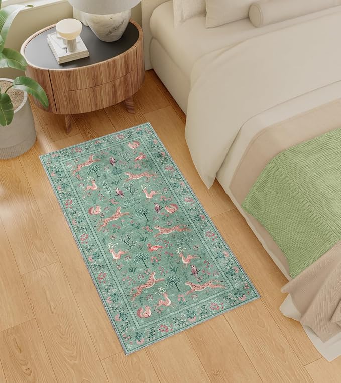 DUKINO 2x4 Rug for Entryway, Animal Washable Runner Rug for Kitchen, Teal | Non Slip, Low Pile, Stain Resistant Thin Indoor Carpet for Hallway, Bedroom, Bathroom, Laundry, Pet Friendly, Non-Shedding