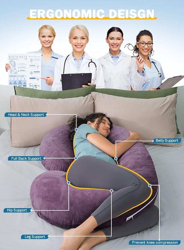 INSEN Pregnancy Pillow,Maternity Body Pillow with Velvet Cover,C Shaped Body Pillow for Sleeping, Purple