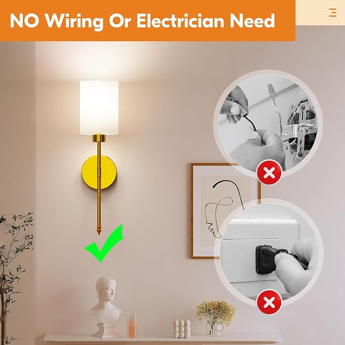 20.67 inch Battery Operated Wall Sconce Set of 2, Gold Rechargeable Wall Lights with 10400mAh Dimmable Bulbs and Remote, 9 Colors Wireless Wall Lamps for Bedroom Living Room Hallway