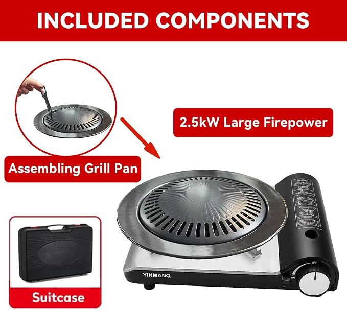 Detachable Grill Pan & Butane Stove Combo with Safety Auto-Eject | Portable Suitcase Design for Camping, Tailgating, Picnics, Indoor/Outdoor Cooking & Hot Pot