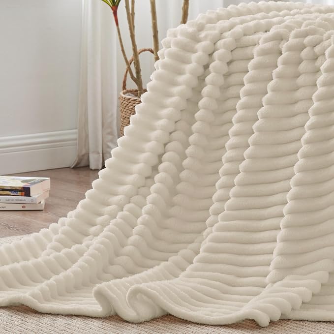 BEDELITE Ribbe Blankets Queen Size for Bed, Beige, 90"x90" | Ultra-Soft Plush Fleece, Warm Yet Lightweight, Ribbed Texture, Home Decor, Machine Washable, Giftable, All-Season Use