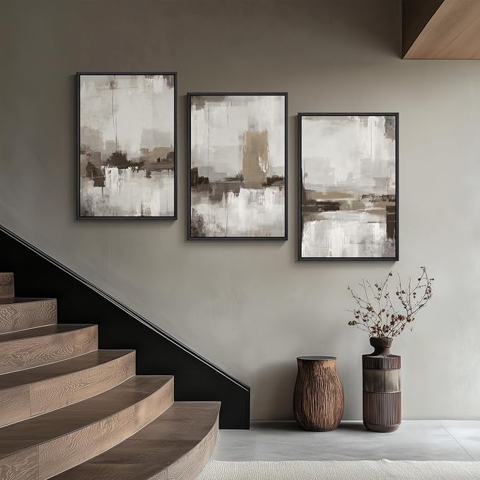 Large Framed Neutral Abstract Wall Art for Living Room, 3 Piece Modern Canvas Prints Paintings Artwork for Walls-Tan Beige Brown Minimalist Pictures for Living Room Hallway Bedroom Wall Decor 24x36 In