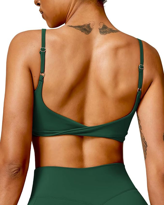 QUOJIZY Sports Bras for Women Open Back Workout Tops for Women Yoga Bra Spaghetti Straps Twist Back