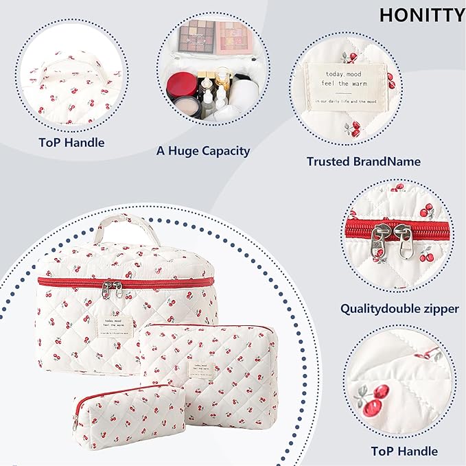 honitty Makeup Bag,Quilted Cosmetic Bags,Large Floral Make Up Organize bag,Makeup Bag Set for Women,Flower Travel Toiletry Bag