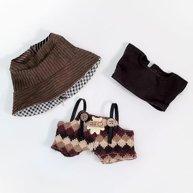 Clothes for 17cm Dolls, Overalls Outfit Set with Accessories, Cute Plush Doll Bucket Hat with Love Heart Design (NO Doll) Brown