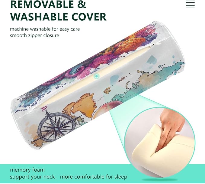 Octopus and Compass Neck Roll Pillow Bolster Round Health Memory Foam Long Cervical Cylinder Pillows with Removable Washable Cover for Body Bed Legs Back Yoga