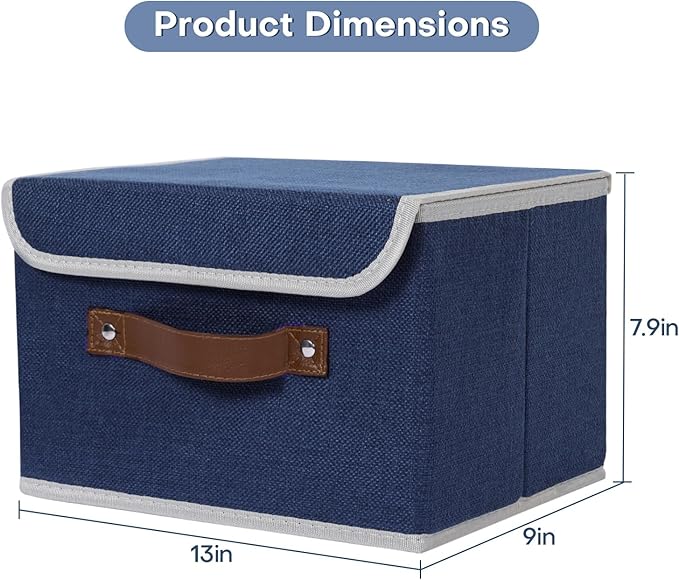 ANMINY Fabric Storage Box Bins with Lids, Blue, 13"x9"x7.9", 2 Pack | Keepsake Memory Storage, Cotton Linen, PP Board Reinforced, Washable, PU Handles, Foldable & Stackable, Decorative, Medium