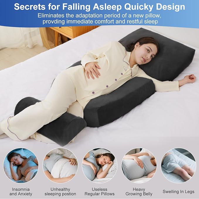 Pregnancy Pillow for Sleeping – 44.5 Inch Full Body Pillow with Leg Pillow & Removable Cover, Supports Back, Legs, Belly, Hips for Pregnant Women (Black)