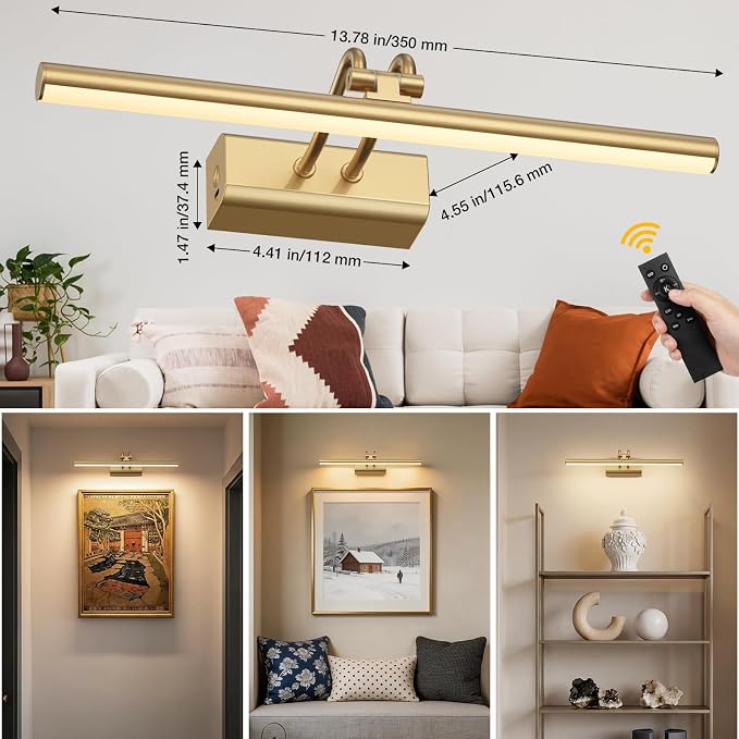 Battery Operated Wall Light, Set of 2, Gold, Remote Control | 13.8'' 4000mAh Cordless,Gold Wall Light, Magnetic for Easy to Charge,Timers, Display for Gallery Living Room Bedroom