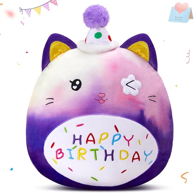 Athoinsu 12" Happy Birthday Cat Plush Pillow Cute Rainbow Stuffed Animal Soft Kawaii Birthday Plushie Star Wink Funny Pillows Home Room Decoration Gifts for Toddlers Kids Girls