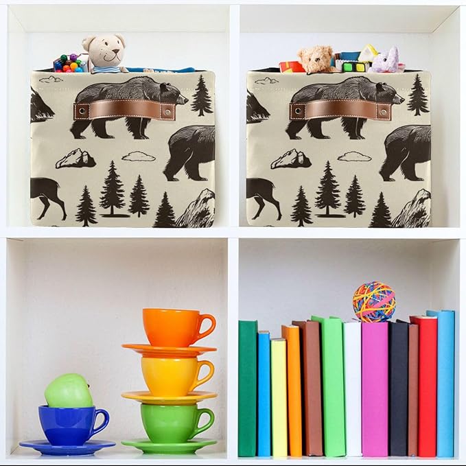 Aslsiy Storage Basket Vintage Deer Bear Moose Nursery Bins National Park Baby Box Canvas Clothes Shelf Basket Laundry Hamper for Home Closet 1 Pcs
