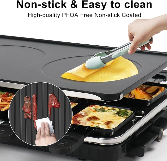 Electric Raclette Table Grill, 2 in 1 Korean BBQ Grill & Smokeless Indoor Grill, Nonstick Griddle with 8 Raclette Cheese Pans, Adjustable Temp Control, 1300W, KBBQ Party Grill for Family Gatherings