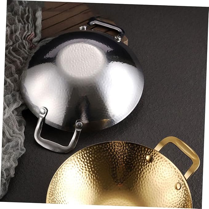 PRETYZOOM Double Handle Hammered Wok Pot Stainless Steel Cooking Pan for Korean BBQ and Home Use Small Metal Kitchen Pot with Sturdy Construction