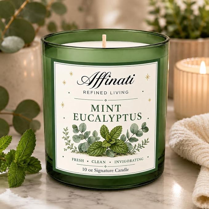 Affinati Mint Eucalyptus 10 oz Scented Candle – Long Lasting Luxury Soy Blend Candle, Strong Scent Throw Fresh Herbal Aromatherapy Candles for Home, Clean Burning Room Odor Eliminator Gift