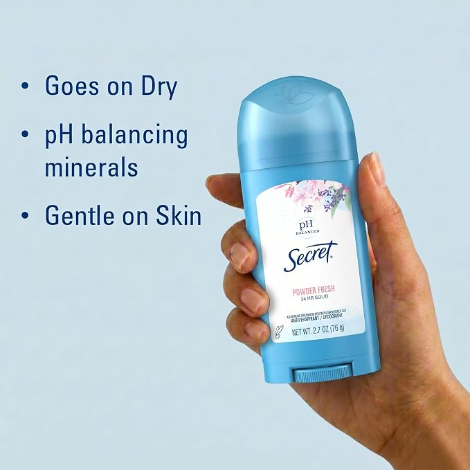 Secret Antiperspirant and Deodorant for Women, 24hr Sweat and Odor Protection, PH Balanced, Gentle on Skin, Wide Solid Deodorant Stick, Powder Fresh Scent, 2.7 oz