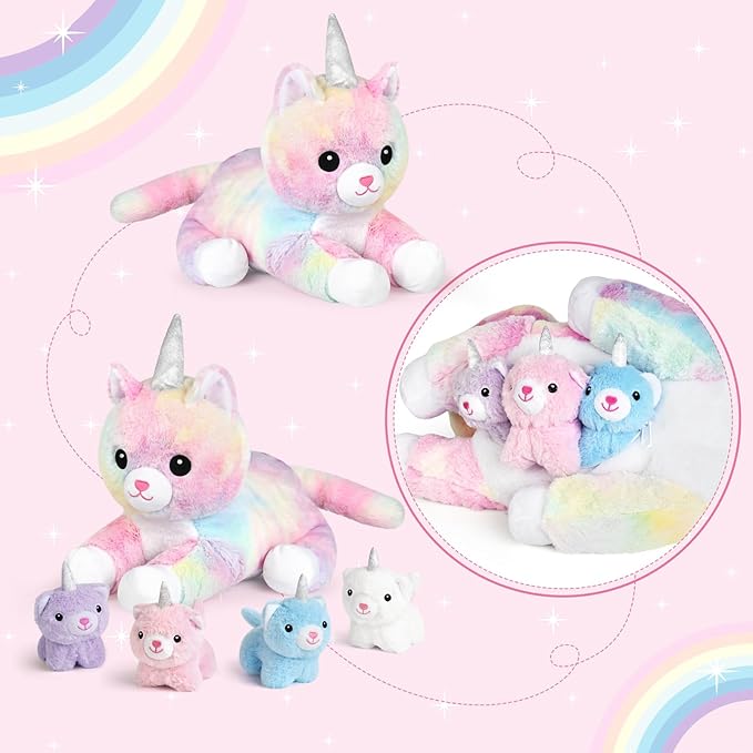 KMUYSL Toys for Ages 3 4 5 6 7 8+ Years - Plush Mommy Stuffed Animal with 4 Babies in Her Tummy, Soft Plush Toys Set, Christmas Birthday Gifts for Girls Boys Baby, Toddler, Kids (Unicorn Cat Toys)