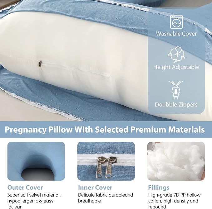 Elover Cooling Pregnancy Pillows for Sleeping, U Shaped Full Body Pillow with Removable Cover, Pregnant Women Must Haves,Maternity Essential,Blue