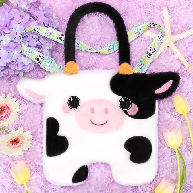 Cow Plush Bag Crossbody Bag for Kids, Plush Handbag Tote Bag with Adjustable Strap,Soft Plush Cow Stuffed Purse with Zipper,Coin Pouch Accessories for Toddlers Kids
