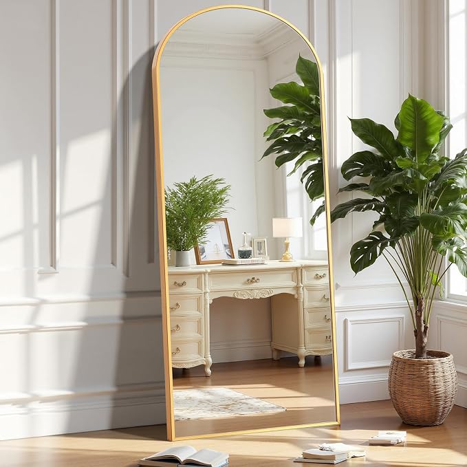 OLIXIS Arched Full Length Mirror, Full Body Mirror, 58"x19" | Mirrors with Stand, Hanging or Leaning for Wall, Aluminum Alloy Thin Frame Floor Standing for Living Room, Long, Gold