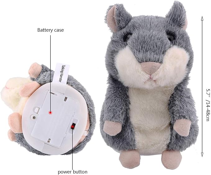 Talking Hamster, Interactive Stuffed Plush Animal Talking Toy Cute Sound Effects with Repeats Your Said Voice, Best Buddy for Kids Gift Age 3+ (Gray)