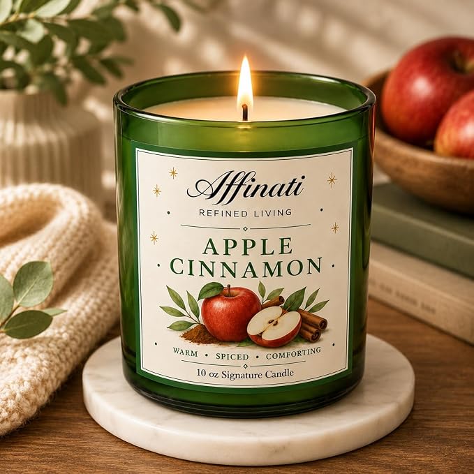 Affinati Apple Cinnamon 10 oz Scented Candle – Long Lasting Luxury Soy Blend Candle for Home, Strong Scent Throw Warm Autumn Spiced Orchard Fruit Candle, Premium Elegant Home Fragrance Gift