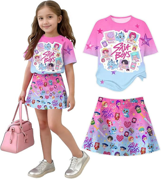 HTHLVMD K Pop Short Sleeve T-Shirt and Skirts Outfits Set for Girls Hunters Rumi Mira Zoey Graphic Tees De-Mon Costume