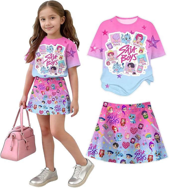 HTHLVMD K Pop Short Sleeve T-Shirt and Skirts Outfits Set for Girls Hunters Rumi Mira Zoey Graphic Tees De-Mon Costume