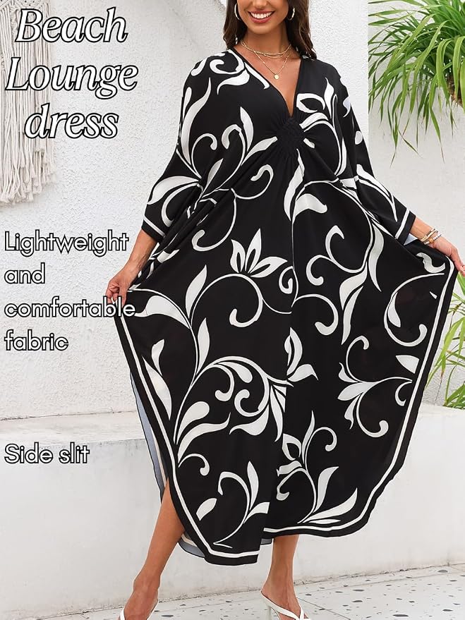 ChiaoLezhee Print Moo-Moos for Women, Kaftan Cover-Up Dresses, Sexy V-Neck High-Slit, Beach Pool-Party Coverups Muumuu Plus