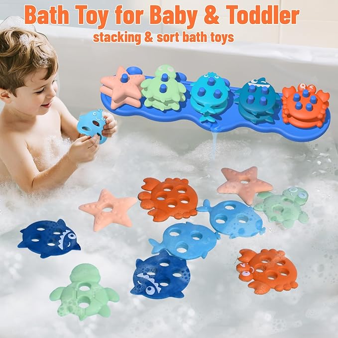 Baby Bath Toys,Silicone Mold Free Shape Sorting Stacking Toddler Bath Toy,Color Sorting Textured Floats,No Hole Early Learning Bathtub Shower Water Toys,Birthday Gifts for Boys Girls