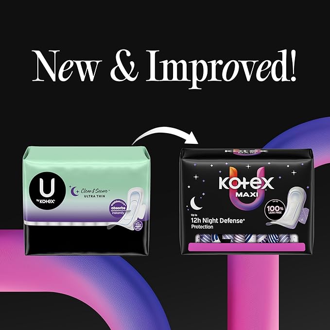 Kotex Overnight Maxi Pads with Wings, Extra Heavy Absorbency, 28 Count (Packaging May Vary)
