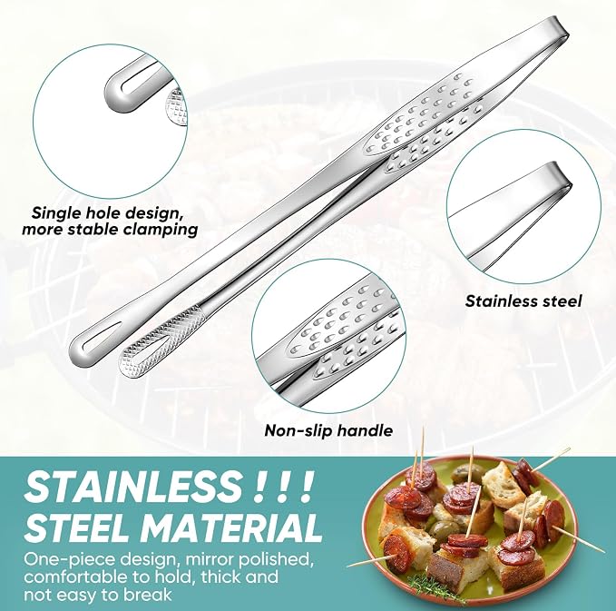 meekoo 6 Pcs 7.8 Inches Stainless Steel Korean BBQ Grill Tongs Japanese Barbecue Tongs for Cooking Portable Kitchenware Home Outdoor Steak Salad Food