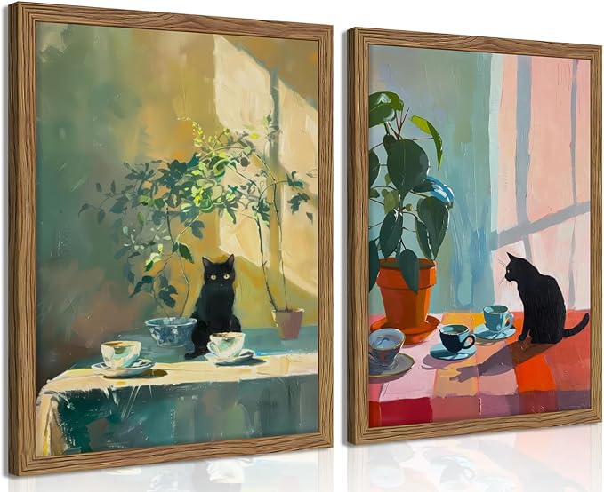 Framed Black Cat Wall Art Set of 2, Vintage Funny Cat Coffee Canvas Wall Decor Paintings, Moody Cute Animal Artwork Prints Picture for Kitchen Dining Room Living Room 16x24 Inch