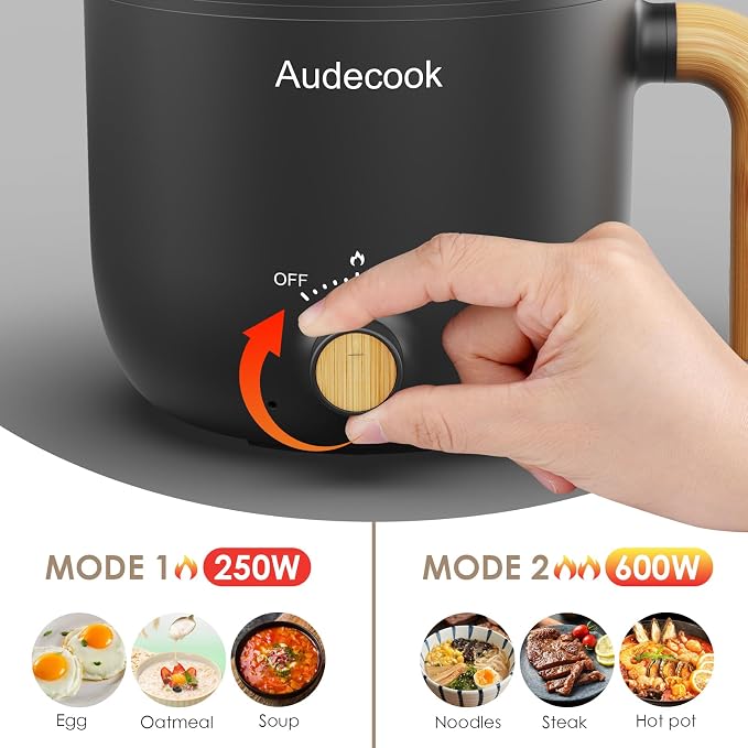 Audecook Hot Pot Electric with Steamer, 1.5L Portable Nonstick Rapid Noodles Cooker, Travel Electric Skillet with Dual Power Control for Ramen/Pasta/Soup/Steak/Egg/Oatmeal (Black)