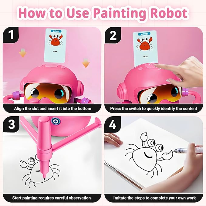 Smart Drawing Robot for Kids with 100 Cards & 12 Color Pens, Voice Interactive Educational Painting Machine, Montessori Learning Toy, Magic Drawing Robot, Ideal Gift for Boys and Girls Ages 3+ (Pink)