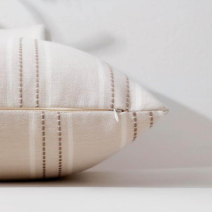 Hckot Striped Throw Pillow Covers 22x22 Set of 2 Taupe Pillow Covers | Farmhouse Decorative Pillows Textured Linen Square Cushion Covers for Sofa Couch Bed Living Room Decor(Taupe)