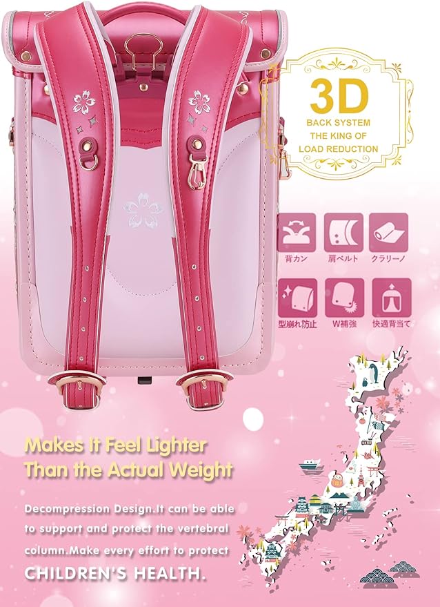 IwaiLoft Ransel Randoseru Backpack Automatic Satchel Japanese School Bag Cherry Blossom Sakura Embroidery PU Bookbag for Girls (Rose)