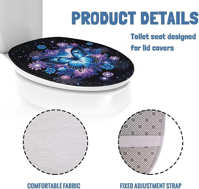 Blue Butterfly Toilet Seat Covers for Bathroom Butterflies Toilet Seat Covers with Elastic Bottom Soft Bathroom Replacement Universal Fit Elongated Oval Round Lid,Easy to Clean
