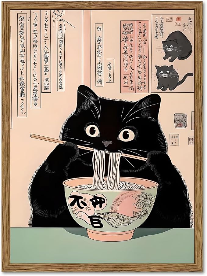 Funny Japanese kitchen Black Cat Wall Art, Whimsical Cat Eating Noodles Wall Decor Painting, Cute Animal Canvas Poster Eclectic Pet Dining Room Prints Artwork Wood Framed 12x16 inch
