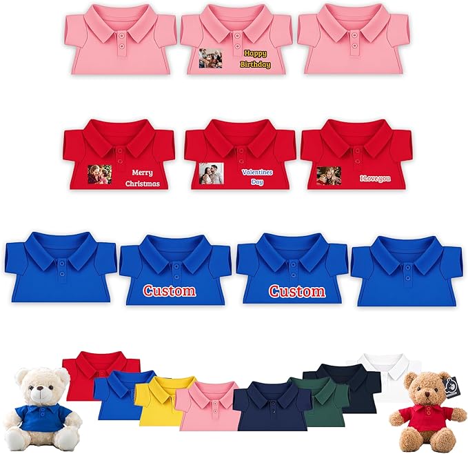 10 Pcs Personalized Teddy Bear Clothes with Text Photo, Custom Stuffed Animal Clothing Fit 8-16 inch Stuffed Bear Clothes for Teddy Bears, Doll Clothing Make Your Own Plush Doll Shirt