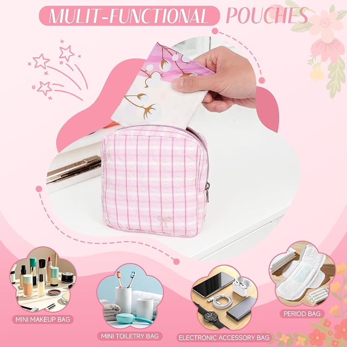 Likesing Quilted Period Bag, Period Pouches for Teen Girls Womens, Portable Floral Print Sanitary Napkin Storage Bag Feminine Emergency Tampon Pad Pouch(Pink Floral Clash)