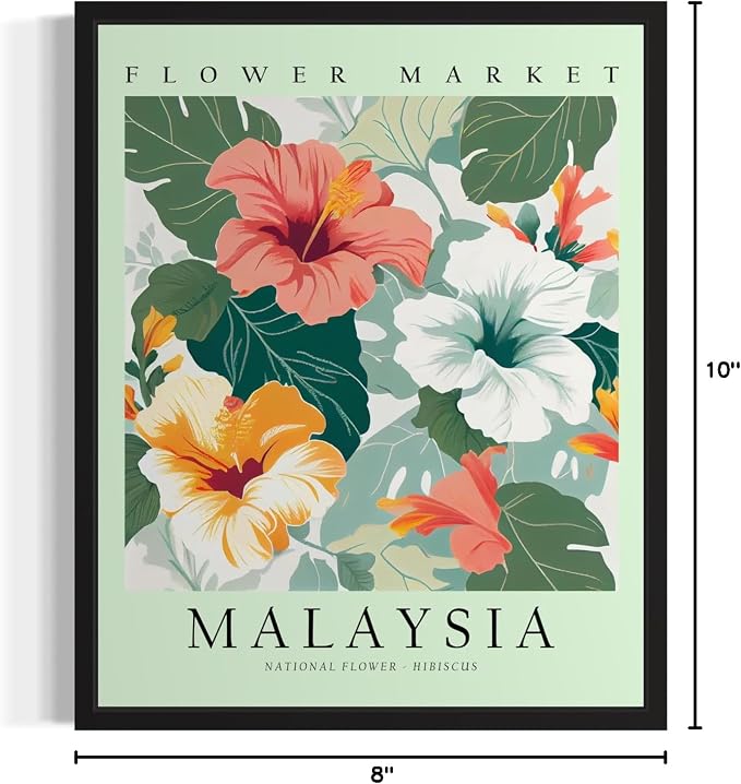 Malaysia Flower Market Art Print Poster, Wall Art Floral Painting Botanical Decor for Bedroom, Kitchen, Bathroom Livingroom Decoration 82B (Malaysia, 10"L x 8"W, Black Frame)